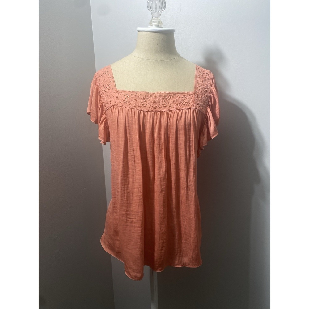 Joie Women's Peasant Blouse Lightweight Flowy Wide Lace Trim‎ Summer Staple Sz L